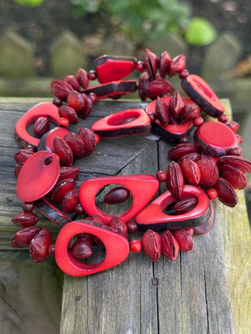 Vintage Red Beaded Necklace with Black Accents – Natural Organic Style